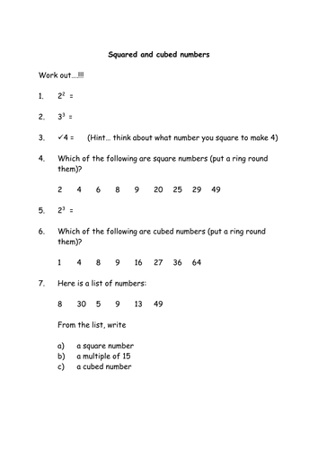 Squared and cubed numbers worksheet