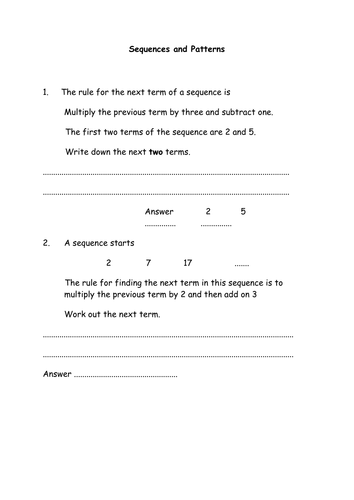 Sequences and Patterns - worksheet