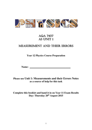 Physics Homework for Induction into the Year 12 AS course 