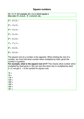 Square Numbers Worksheet by andytodd Teaching Resources TES