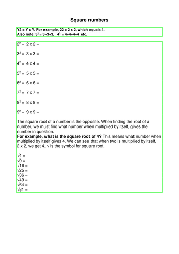Square numbers worksheet