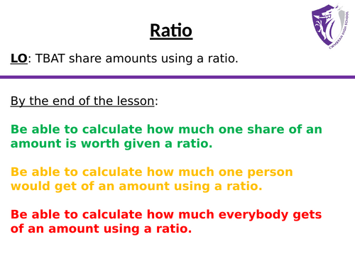 Complete Ratio lessons - Sharing amounts - Bar Modelling method