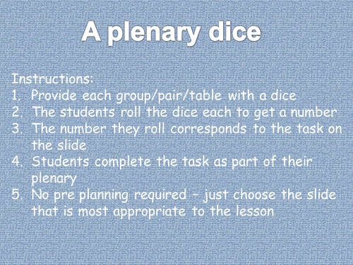 6 generic plenary mats using dice