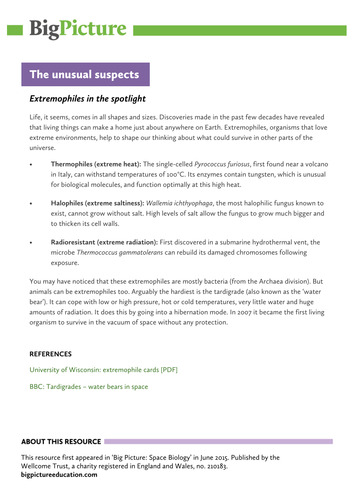 Extremophiles images and information sheet