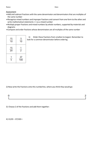 Year 5 Maths Assessment: add, subtract, multiply and compare fractions and mixed numbers