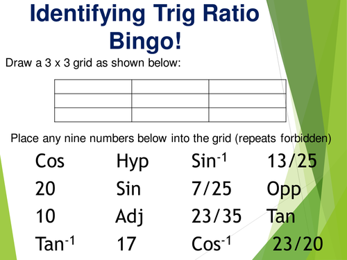 Identifying Trigonometry ratio bingo