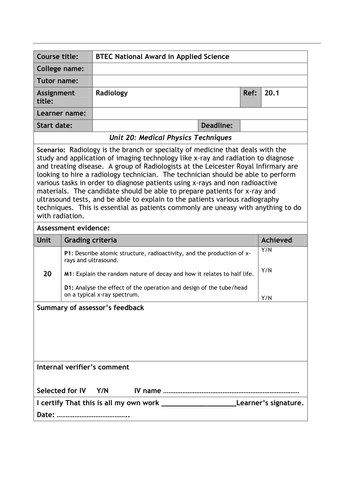 BTEC National (L3) Applied Science - Unit 20 (Medical Physics Techniques) - Assessment Activities