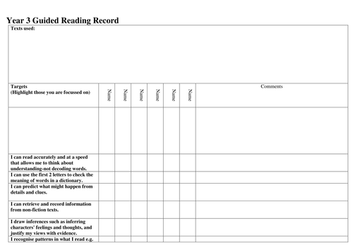 New Curriculum Guided Reading Records 