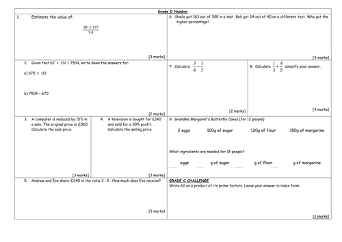 Number and Algebra Skills Grade D