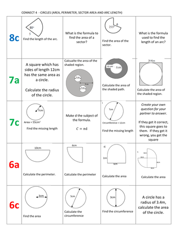 Connect 4 activity.  Circles - area, perimeter, sector area and arc length.