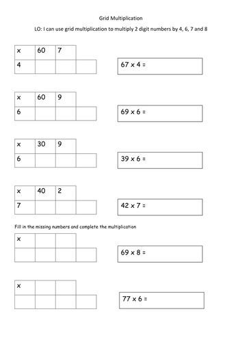 Grid Multiplication Year 3 Worksheets differentiated by dawnpooley