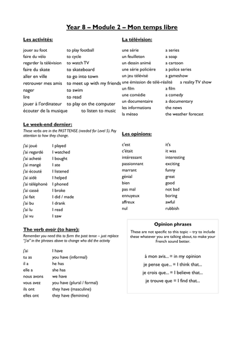 year 8 temps libre expo 2 module 2 by myrtille teaching