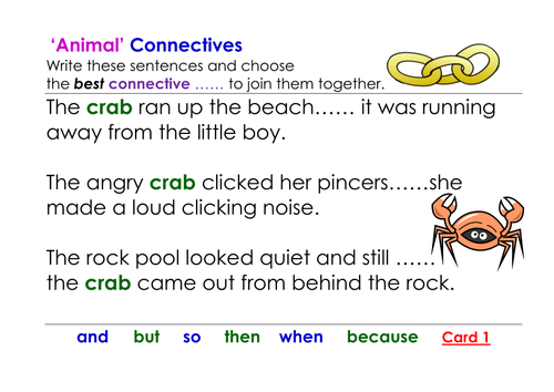 KS1 Connectives for writing [Ros Wilson]: table cards, table prompts and ppt.