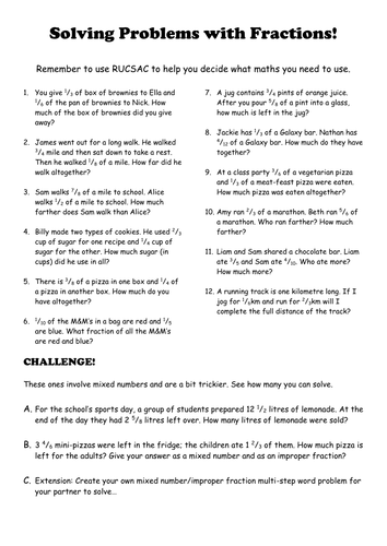 fraction problem solving questions grade 6