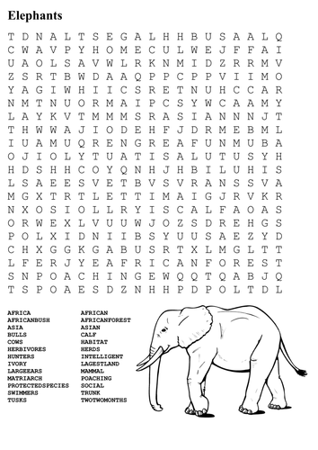 Elephants Word Search and Color