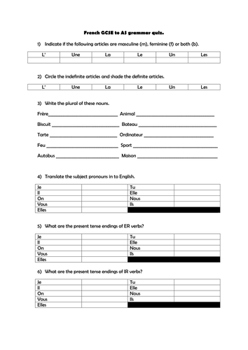 French AQA GCSE to AS grammar quiz/ test. 
