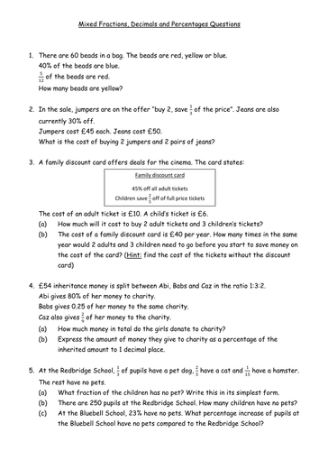 Mixed Worded Fractions Decimals Percentages Questions (Exam Style) | Teaching Resources