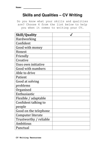 worksheet personal printable qualities CV Skills iamteach101  by Writing  Teaching Worksheet