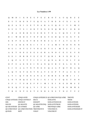 Wordsearch Les Nombres 1-99 / Wordsearch numbers 1-99