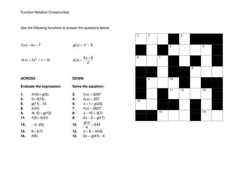 Function Notation Crossnumber Teaching Resources