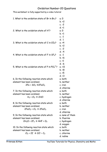 Oxidation Number 20 Multiple Choice Questions For 2015 A Level Chemistry Teaching Resources