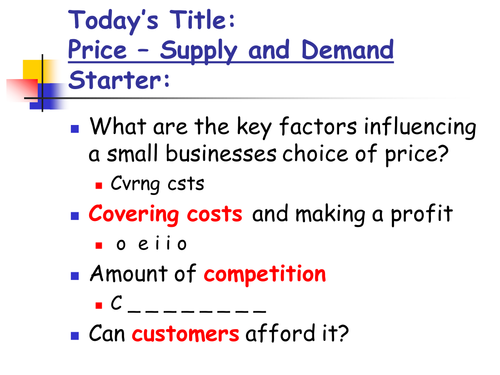 Price (part of marketing mix) Supply and Demand