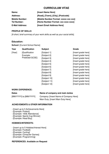 year job application for form 16 olds School Curriculum Simple Secondary CV for Vitae Template