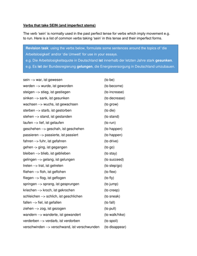 Common verbs taking SEIN
