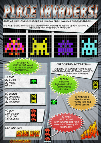 Place Invaders comic style place value worksheet