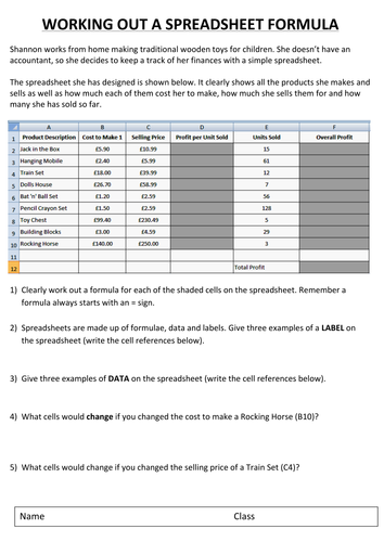 Key Stage 3 Spreadsheets Homework Sheet