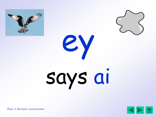 Phase 5: alternative pronunciation of 'ey' [ai - as in grey], - table cards, revision chart and ppt.