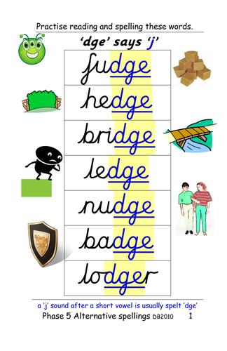 Phase 5: alternative spellings for 'j' [fudge, gentle]. Table and sentence cards and ppt.