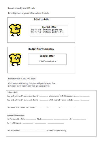 Comparing Offers worksheet