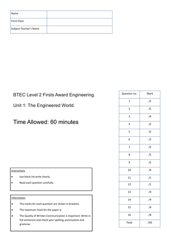 BTEC Engineering Level 2 - Unit 1: Engineered World - Mock Exam (A)