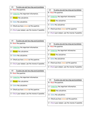 Success Criteria for one and two step word problems