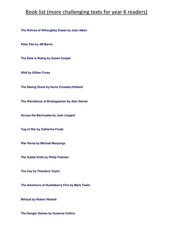 Book list for HA children in year 6 