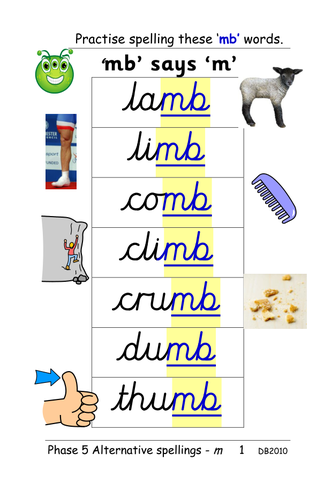 Phase 5: alternative spellings for 'm' [comb, plumber]. Table cards, spelling revision grid and ppt.