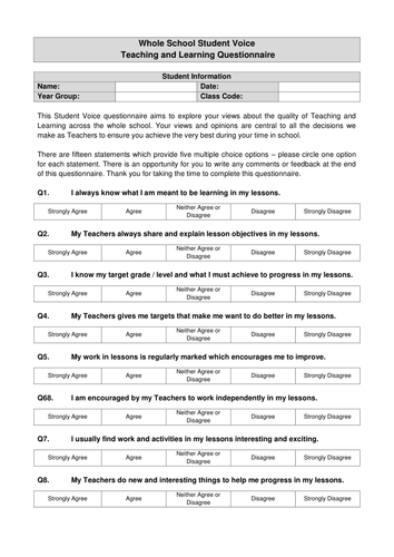 Student Voice Teaching and Learning Questionnaire - Whole School