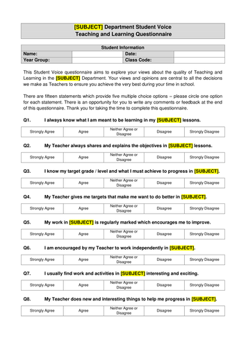 Student Voice Teaching and Learning Questionnaire - Subject