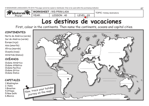SPANISH KS2 Level 3 - KS3 (Year 7): Holiday destinations/ What's in your suitcase?