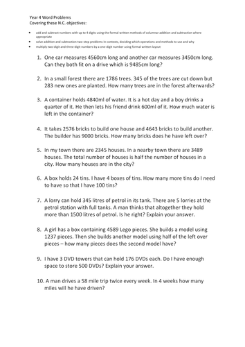 Year 4 and 5 Word Problems linked to N.C.