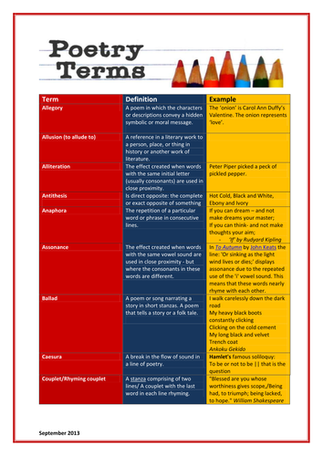 Worksheet of Poetic Terms by - UK Teaching Resources - TES
