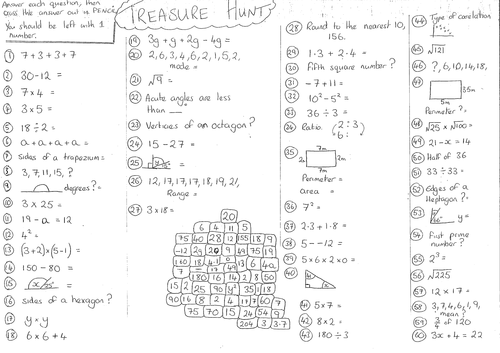 Mixed bag Maths Treasure Hunt Worksheet DDV