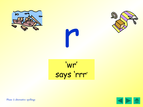 Phase 5: alternative spellings for 'r' [wrap, write]. Table cards, revision grid, and ppt.