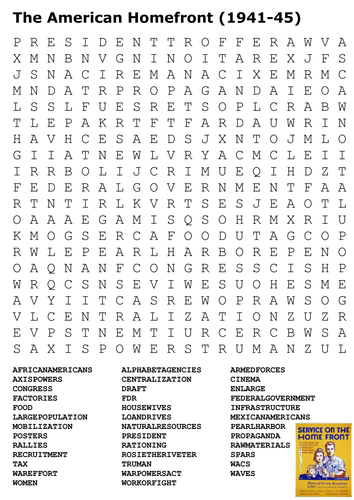The American Homefront in World War Two Word Search 
