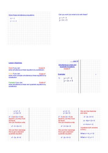 Simultaneous Equations where one is Quadratic (Substitution and Elimination)