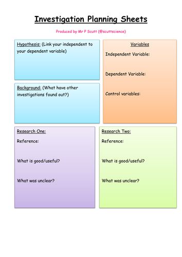 Investigation Planning sheets for Practical Science