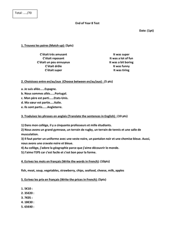 Controle Mission Francais Yr8 / End of Year Test Mission Francais Yr8