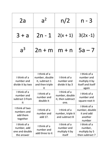 Simple algebra expressions and descriptions match up | Teaching Resources