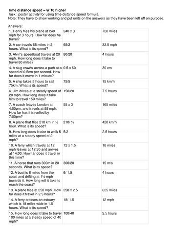 Speed Distance Time match up activity